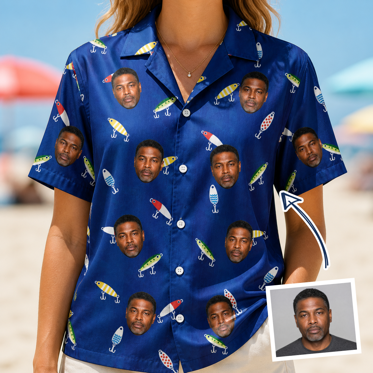 Woman wearing Women's Lure Lore Custom Face Hawaiian Shirt — custom faces printed all-over