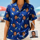Woman wearing Women's Lure Lore Custom Face Hawaiian Shirt — custom faces printed all-over