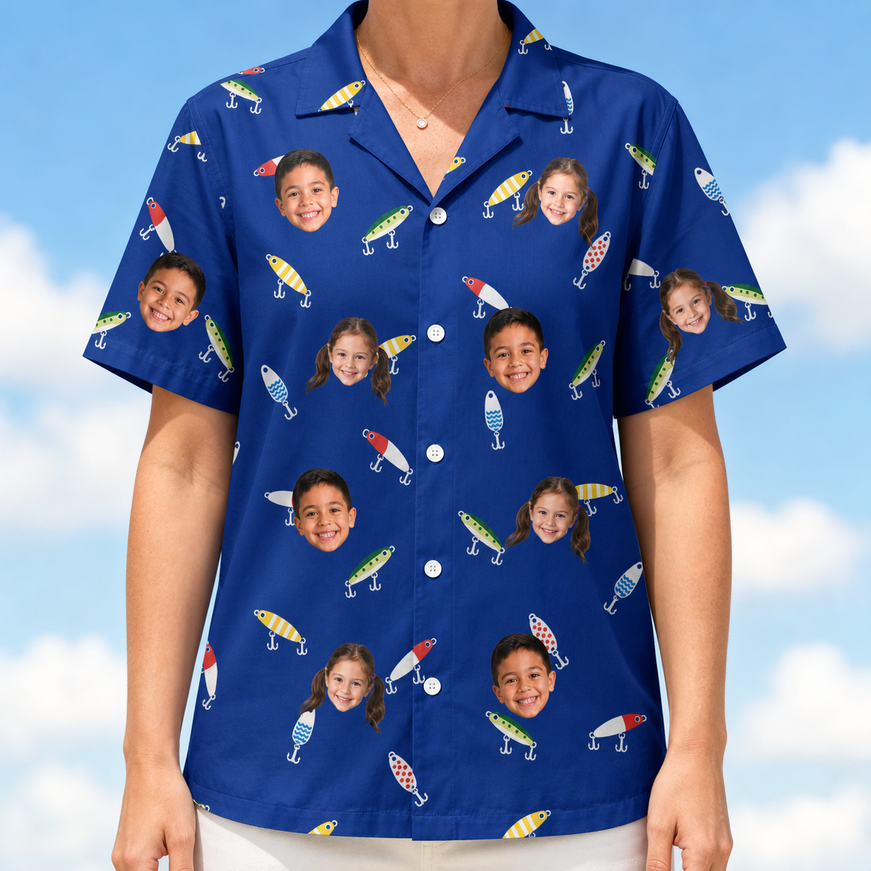 Model wearing Women's Lure Lore Custom Face Hawaiian Shirt printed with kids' faces