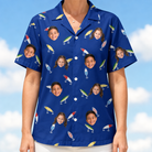 Model wearing Women's Lure Lore Custom Face Hawaiian Shirt printed with kids' faces