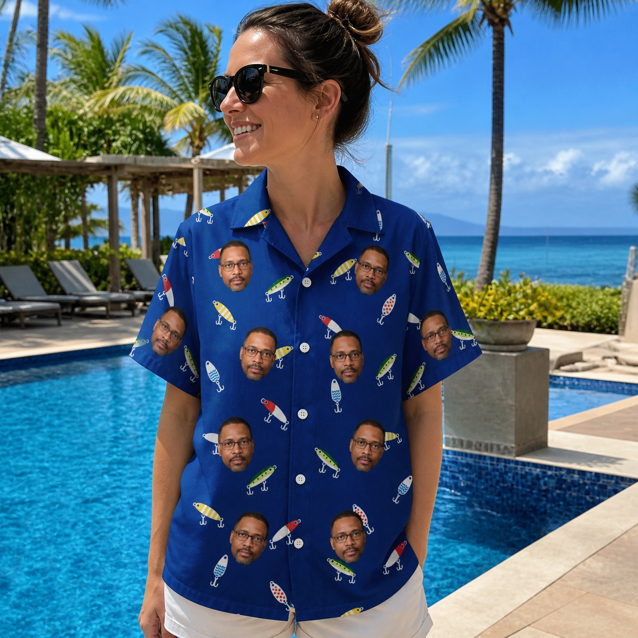 Real-life photo of someone wearing Women's Lure Lore Custom Face Hawaiian Shirt — custom faces printed all-over