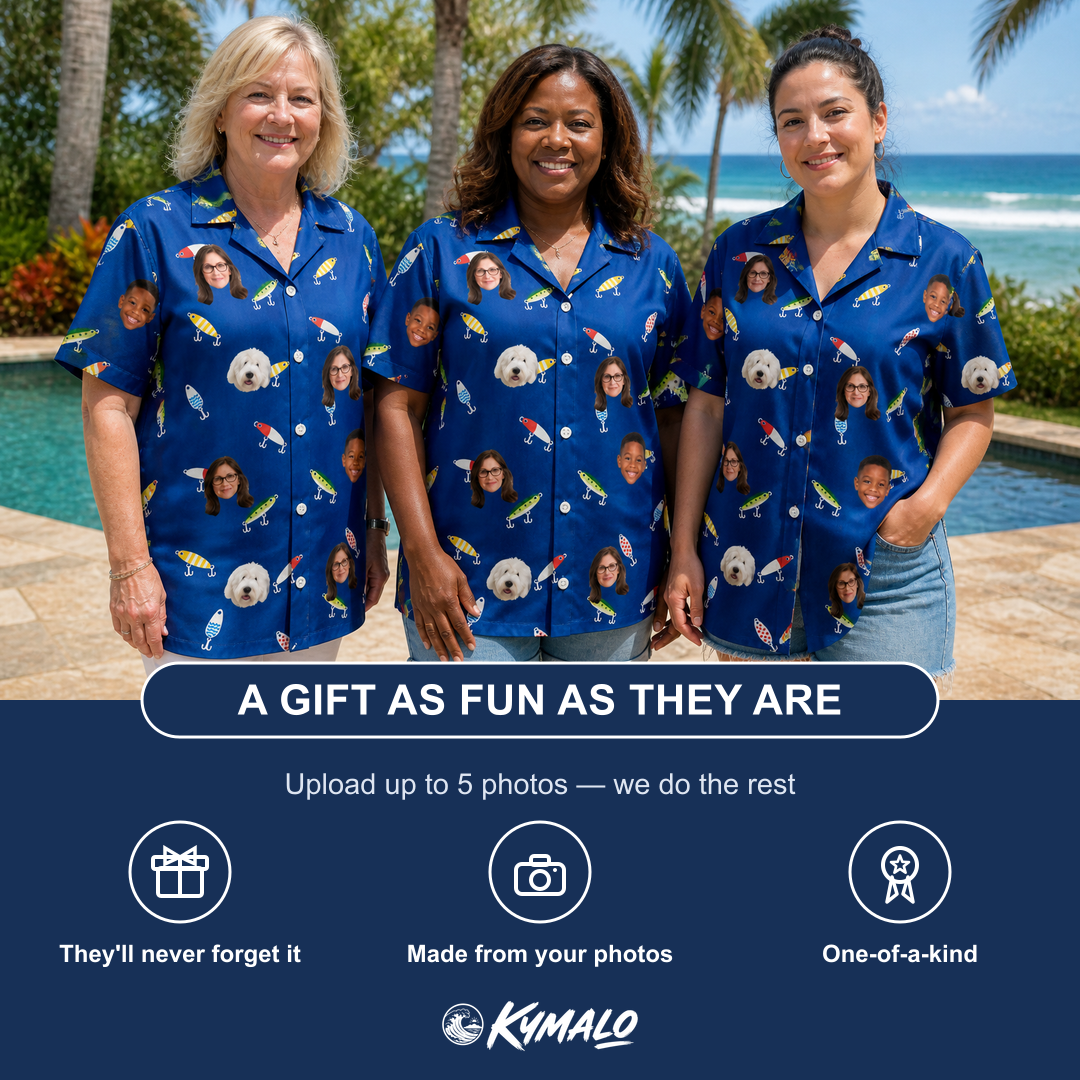 Friends in matching Women's Lure Lore Custom Face Hawaiian Shirt — a group gift photo