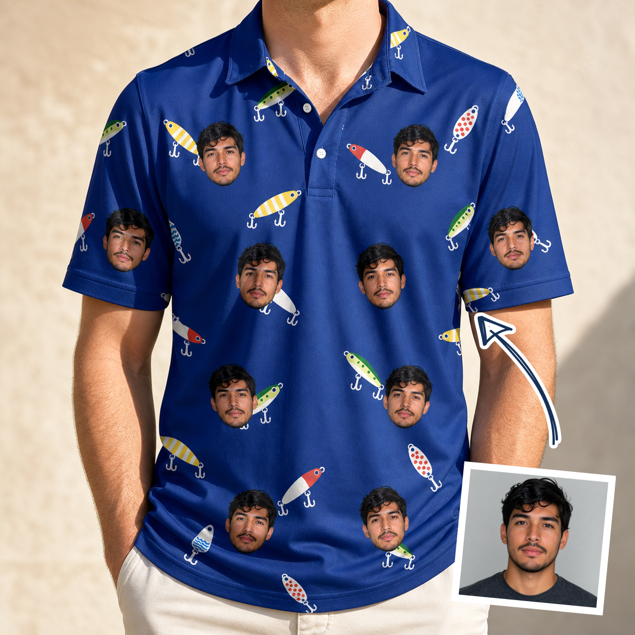 Man wearing Men's Lure Lore Custom Face Polo Shirt — custom faces printed all-over