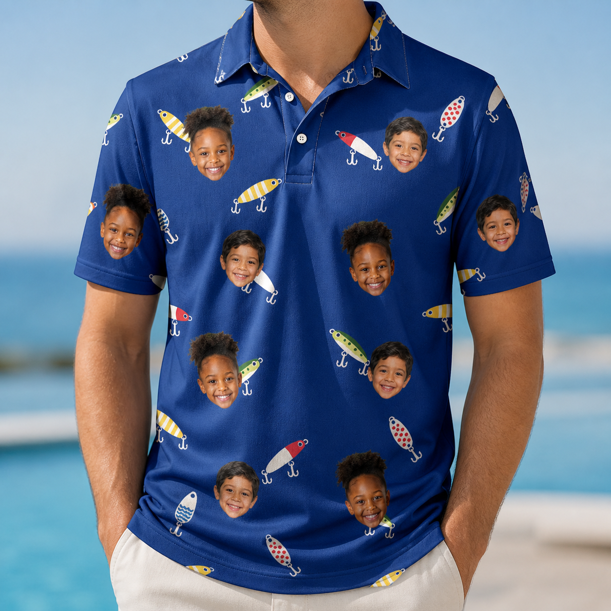 Model wearing Men's Lure Lore Custom Face Polo Shirt printed with kids' faces
