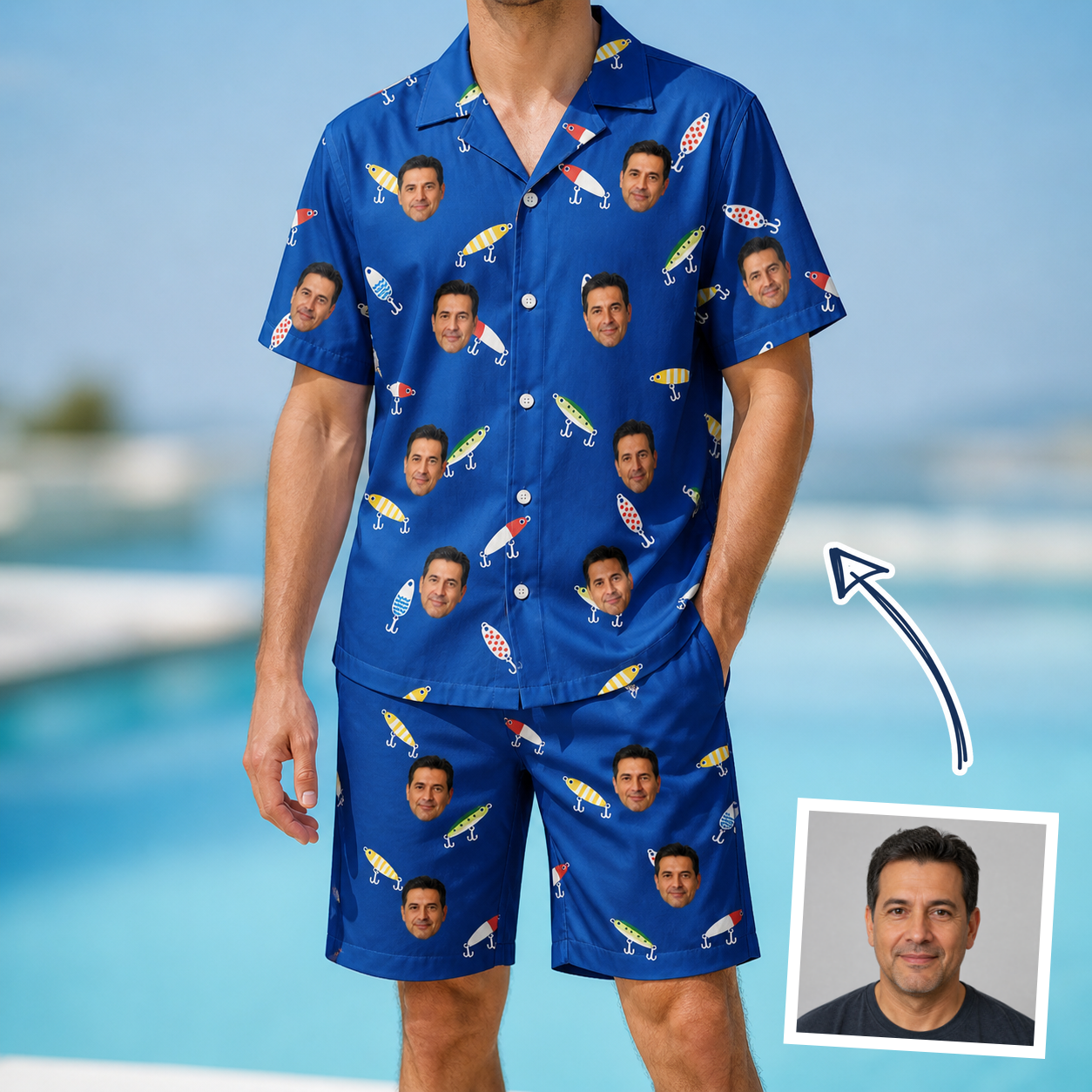 Man wearing Men's Lure Lore Custom Face Shirt & Shorts Set — custom faces printed all-over