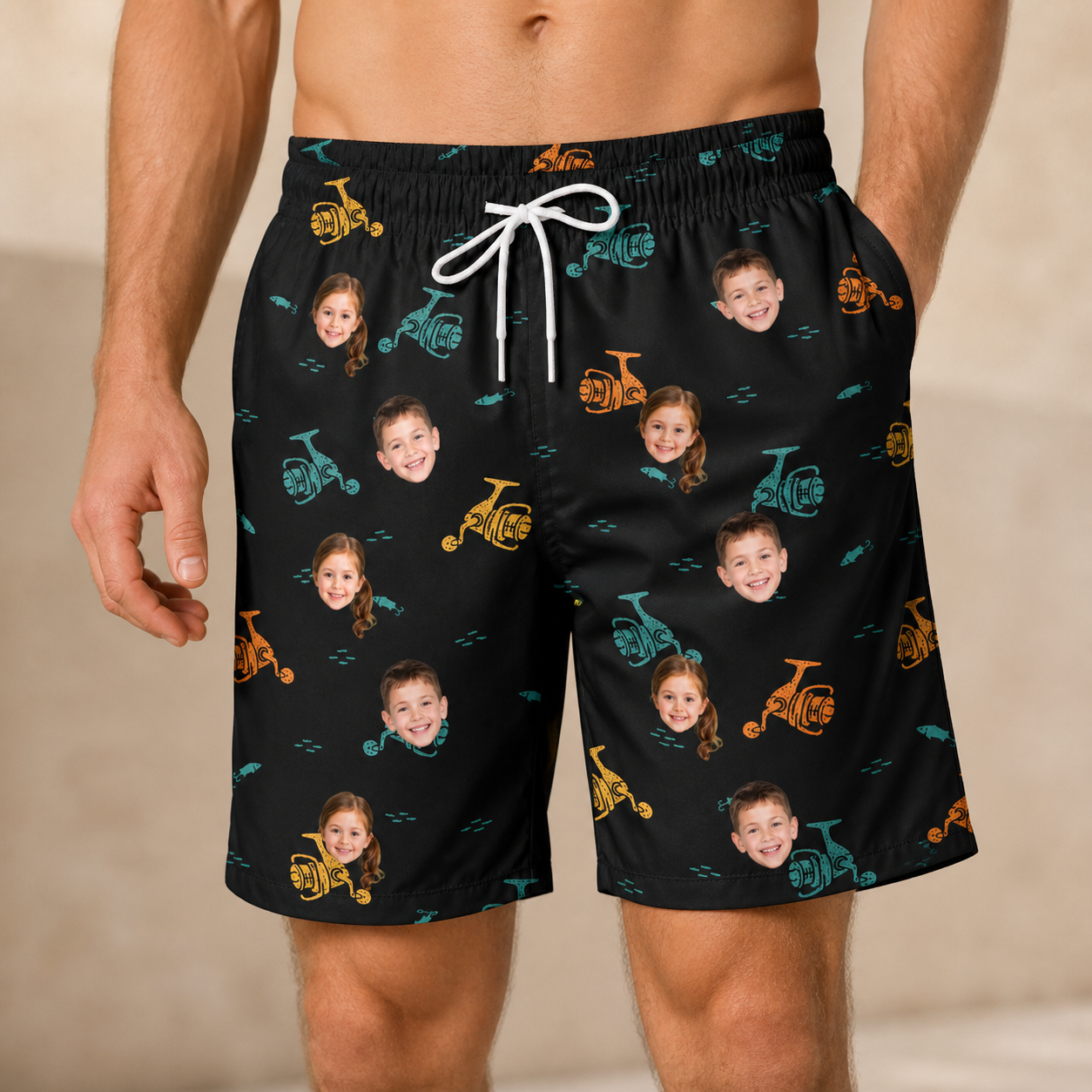 Model wearing Men's Spool Foolery Custom Face Beach Shorts printed with kids' faces