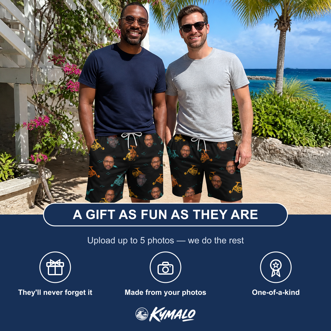 Friends in matching Men's Spool Foolery Custom Face Beach Shorts — a group gift photo