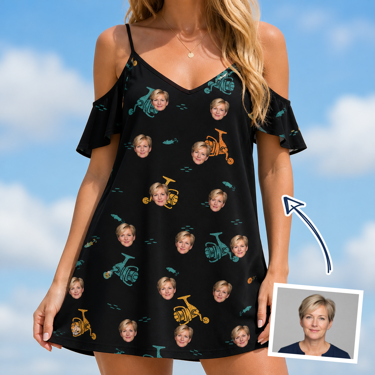 Woman wearing Women's Spool Foolery Custom Face Off-Shoulder Dress — custom faces printed all-over