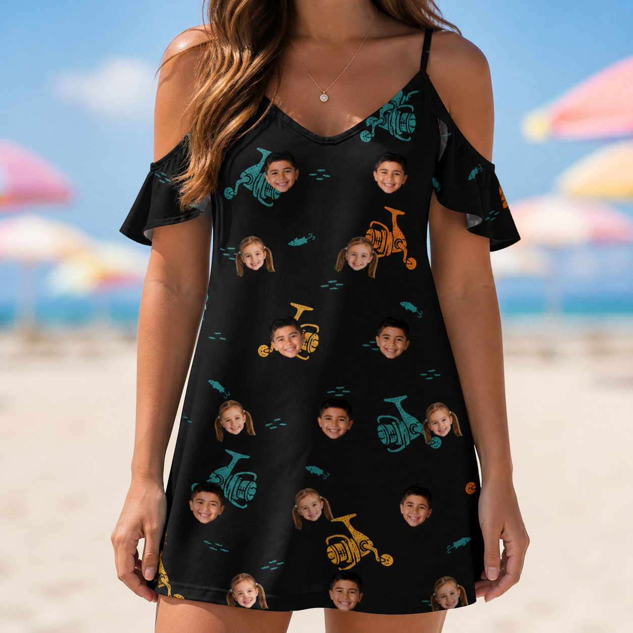 Model wearing Women's Spool Foolery Custom Face Off-Shoulder Dress printed with kids' faces