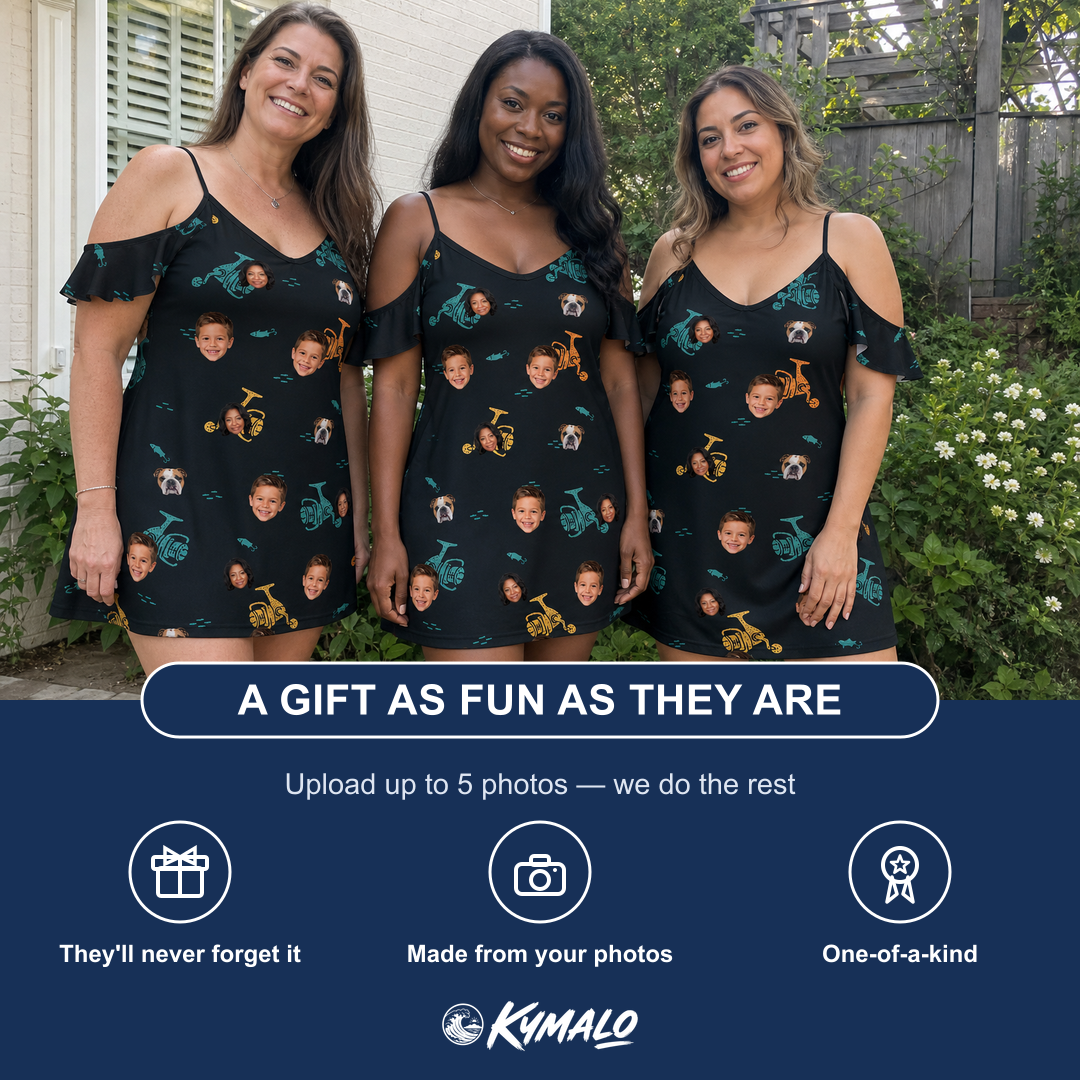 Friends in matching Women's Spool Foolery Custom Face Off-Shoulder Dress — a group gift photo