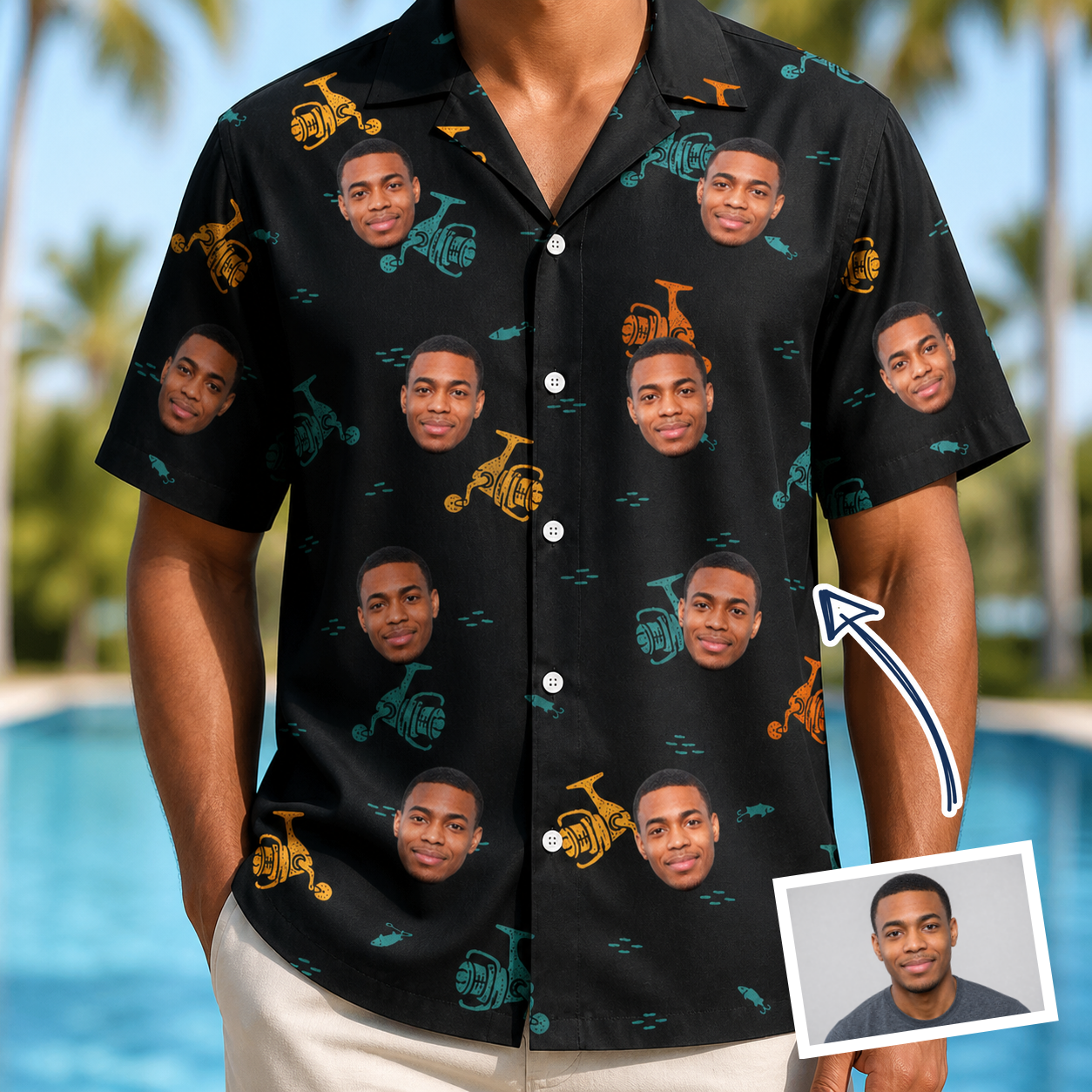 Man wearing Men's Spool Foolery Custom Face Hawaiian Shirt — custom faces printed all-over
