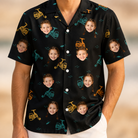 Model wearing Men's Spool Foolery Custom Face Hawaiian Shirt printed with kids' faces