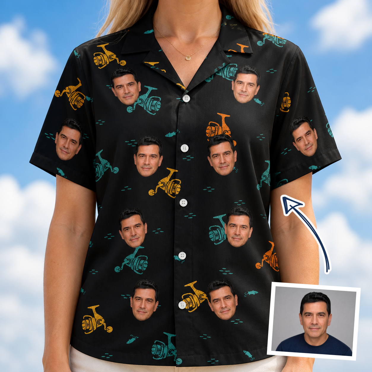 Woman wearing Women's Spool Foolery Custom Face Hawaiian Shirt — custom faces printed all-over