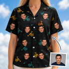 Woman wearing Women's Spool Foolery Custom Face Hawaiian Shirt — custom faces printed all-over