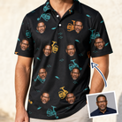 Man wearing Men's Spool Foolery Custom Face Polo Shirt — custom faces printed all-over