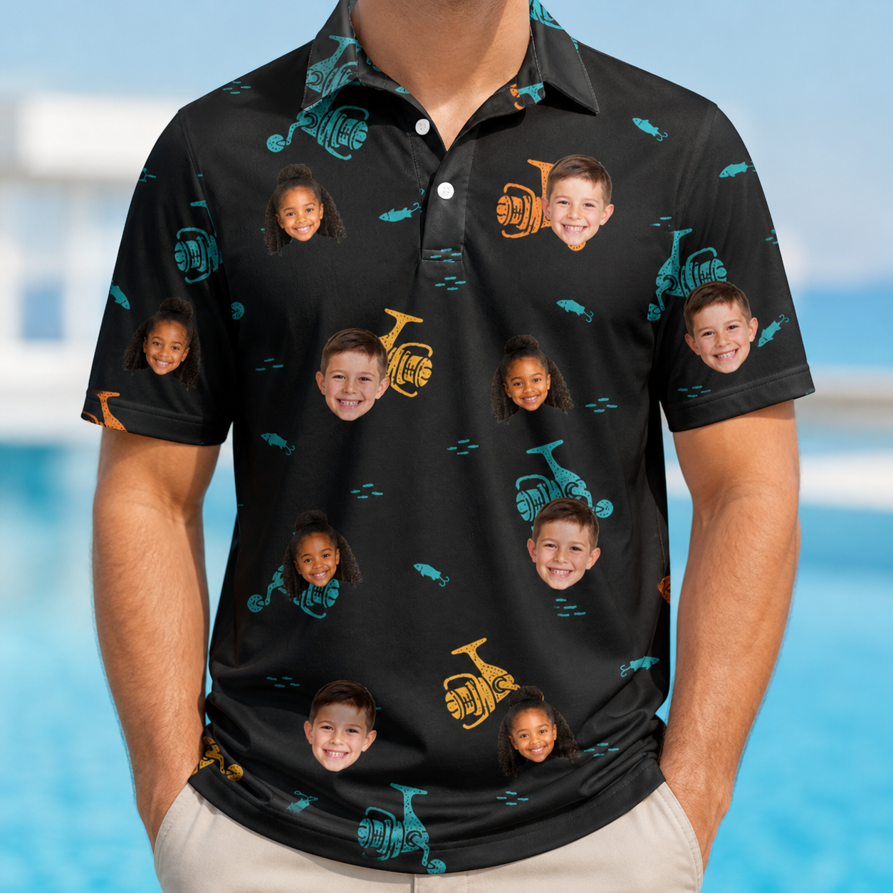 Model wearing Men's Spool Foolery Custom Face Polo Shirt printed with kids' faces