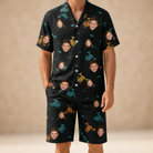 Model wearing Men's Spool Foolery Custom Face Shirt & Shorts Set printed with kids' faces