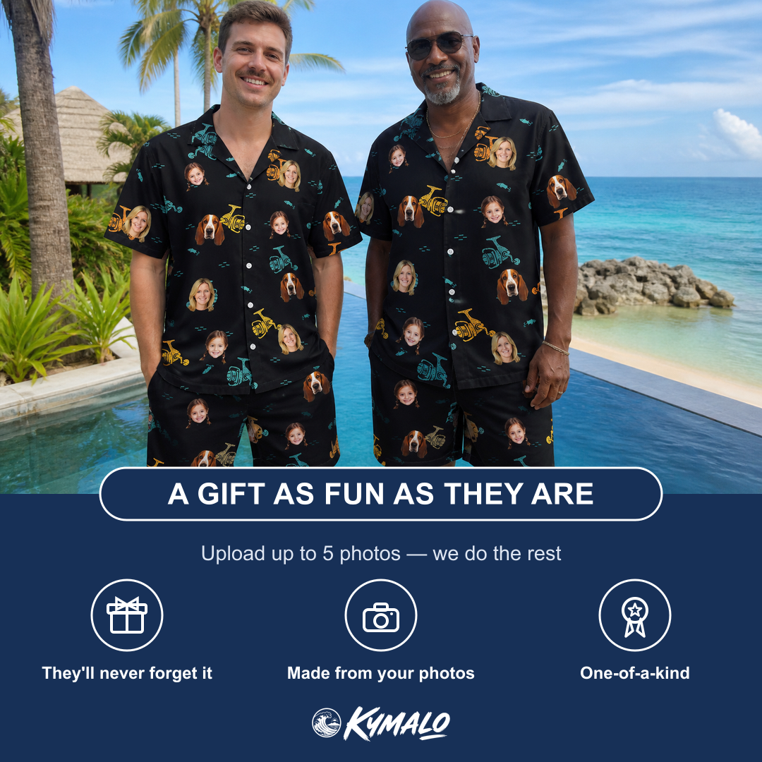 Friends in matching Men's Spool Foolery Custom Face Shirt & Shorts Set — a group gift photo