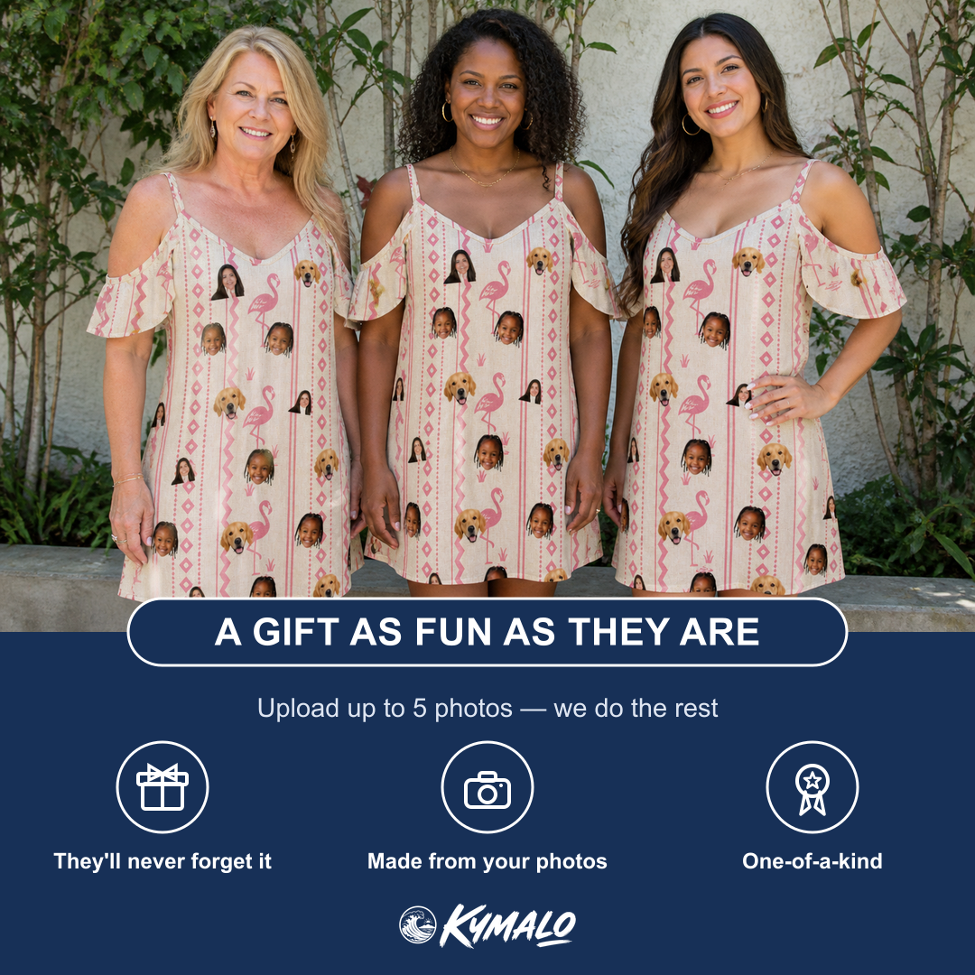 Friends in matching Women's Waddle Wink Custom Face Off-Shoulder Dress — a group gift photo