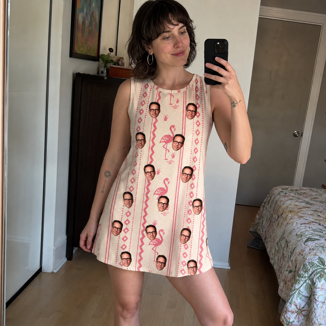 Real-life photo of someone wearing Women's Waddle Wink Custom Face Tank Dress — custom faces printed all-over