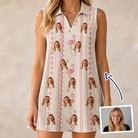 Woman wearing Women's Waddle Wink Custom Face V-Neck Dress — custom faces printed all-over