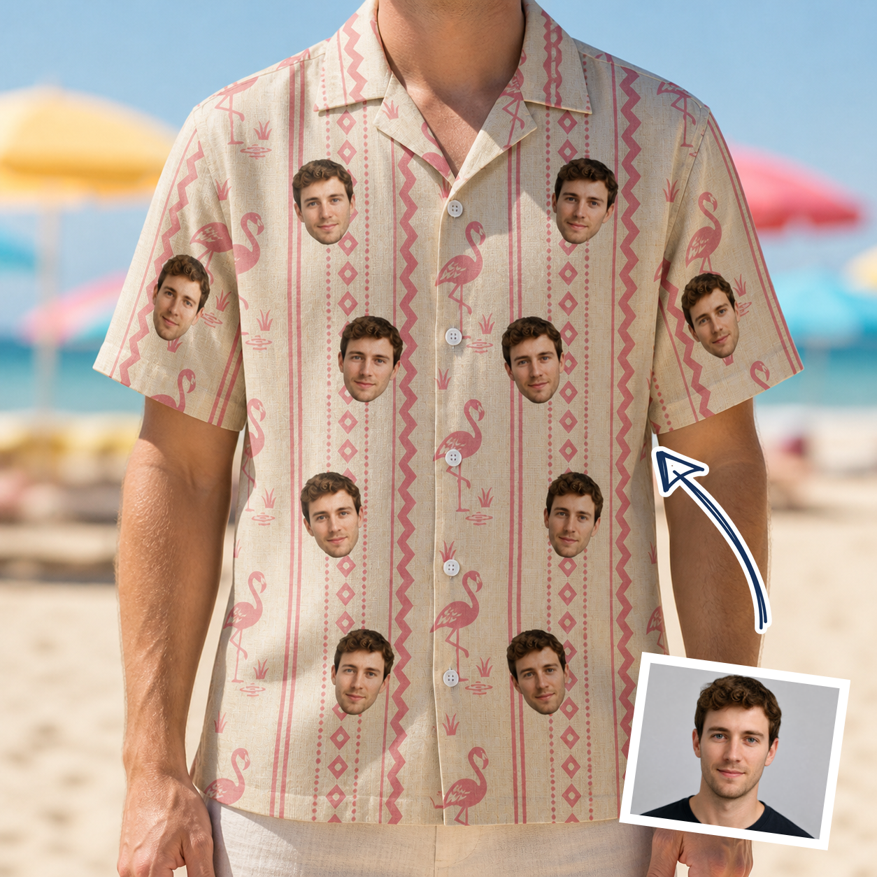 Man wearing Men's Waddle Wink Custom Face Hawaiian Shirt — custom faces printed all-over