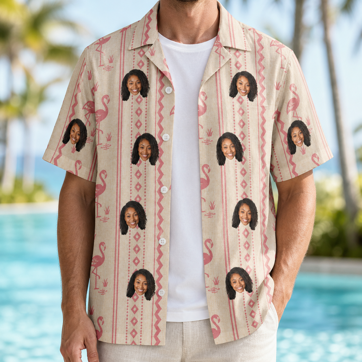 Man wearing Men's Waddle Wink Custom Face Hawaiian Shirt open over a white tee
