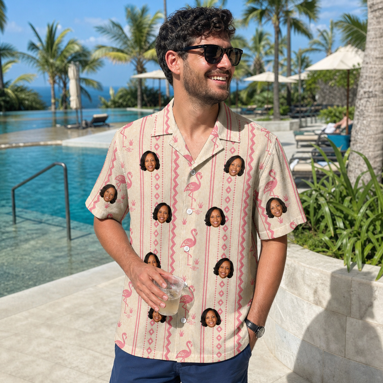 Real-life photo of someone wearing Men's Waddle Wink Custom Face Hawaiian Shirt — custom faces printed all-over