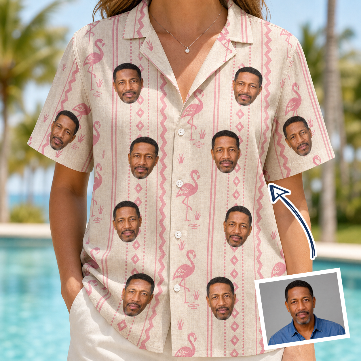 Woman wearing Women's Waddle Wink Custom Face Hawaiian Shirt — custom faces printed all-over