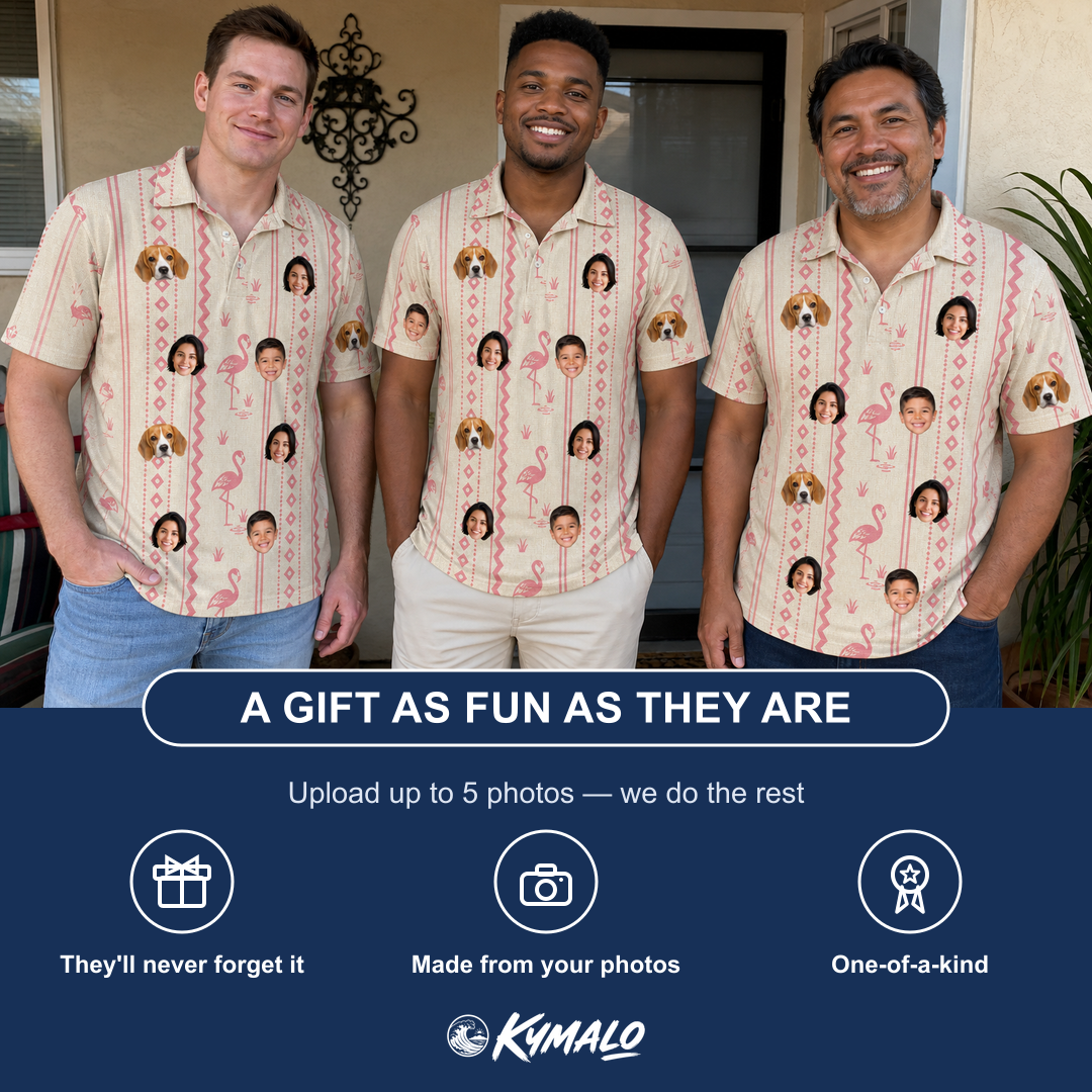 Friends in matching Men's Waddle Wink Custom Face Polo Shirt — a group gift photo