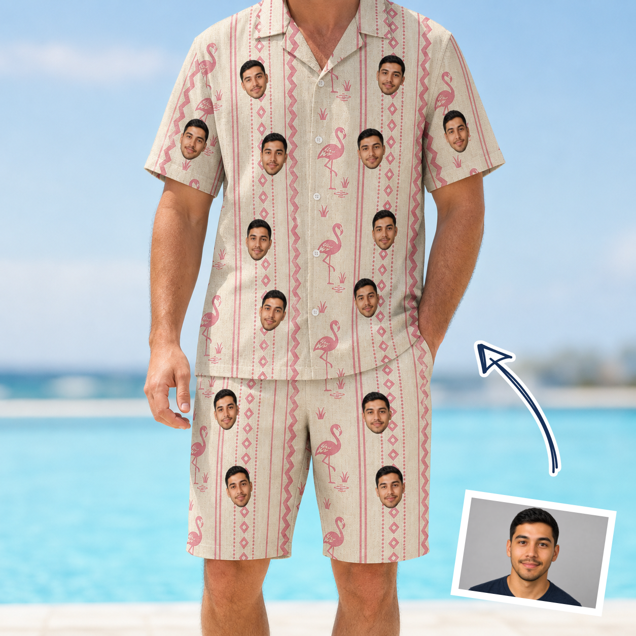 Man wearing Men's Waddle Wink Custom Face Shirt & Shorts Set — custom faces printed all-over