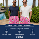 Friends in matching Men's Fuchsia Flock Custom Face Beach Shorts — a group gift photo