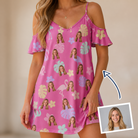 Woman wearing Women's Fuchsia Flock Custom Face Off-Shoulder Dress — custom faces printed all-over