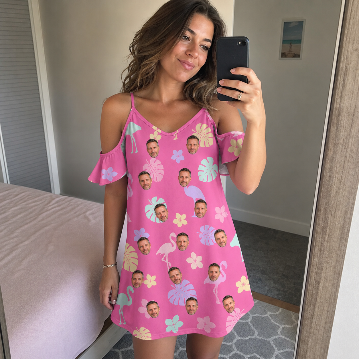 Real-life photo of someone wearing Women's Fuchsia Flock Custom Face Off-Shoulder Dress — custom faces printed all-over