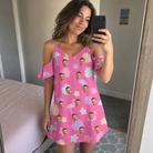 Real-life photo of someone wearing Women's Fuchsia Flock Custom Face Off-Shoulder Dress — custom faces printed all-over