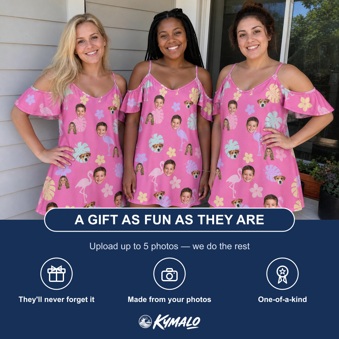 Friends in matching Women's Fuchsia Flock Custom Face Off-Shoulder Dress — a group gift photo