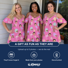 Friends in matching Women's Fuchsia Flock Custom Face Off-Shoulder Dress — a group gift photo