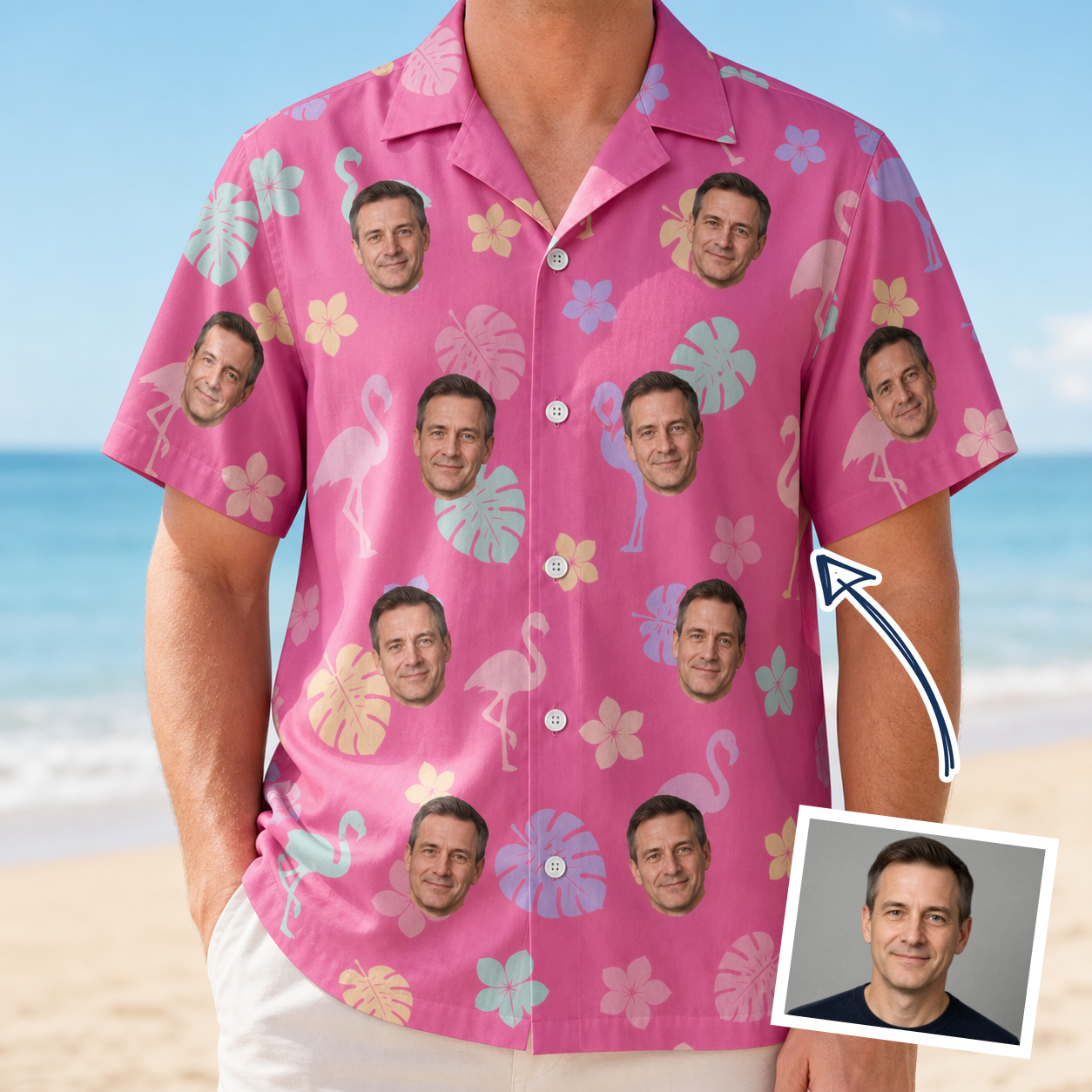 Man wearing Men's Fuchsia Flock Custom Face Hawaiian Shirt — custom faces printed all-over
