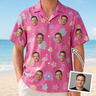 Man wearing Men's Fuchsia Flock Custom Face Hawaiian Shirt — custom faces printed all-over