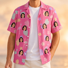 Man wearing Men's Fuchsia Flock Custom Face Hawaiian Shirt open over a white tee