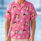 Model wearing Men's Fuchsia Flock Custom Face Hawaiian Shirt printed with kids' faces