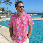 Real-life photo of someone wearing Men's Fuchsia Flock Custom Face Hawaiian Shirt — custom faces printed all-over
