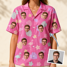 Woman wearing Women's Fuchsia Flock Custom Face Hawaiian Shirt — custom faces printed all-over