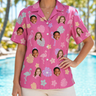 Model wearing Women's Fuchsia Flock Custom Face Hawaiian Shirt printed with kids' faces