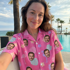 Real-life photo of someone wearing Women's Fuchsia Flock Custom Face Hawaiian Shirt — custom faces printed all-over