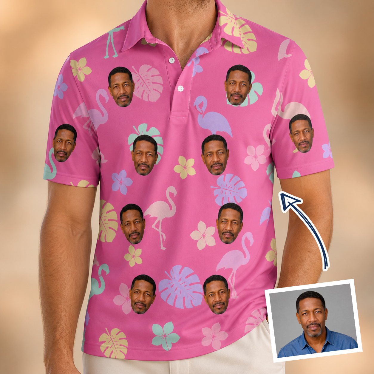 Man wearing Men's Fuchsia Flock Custom Face Polo Shirt — custom faces printed all-over