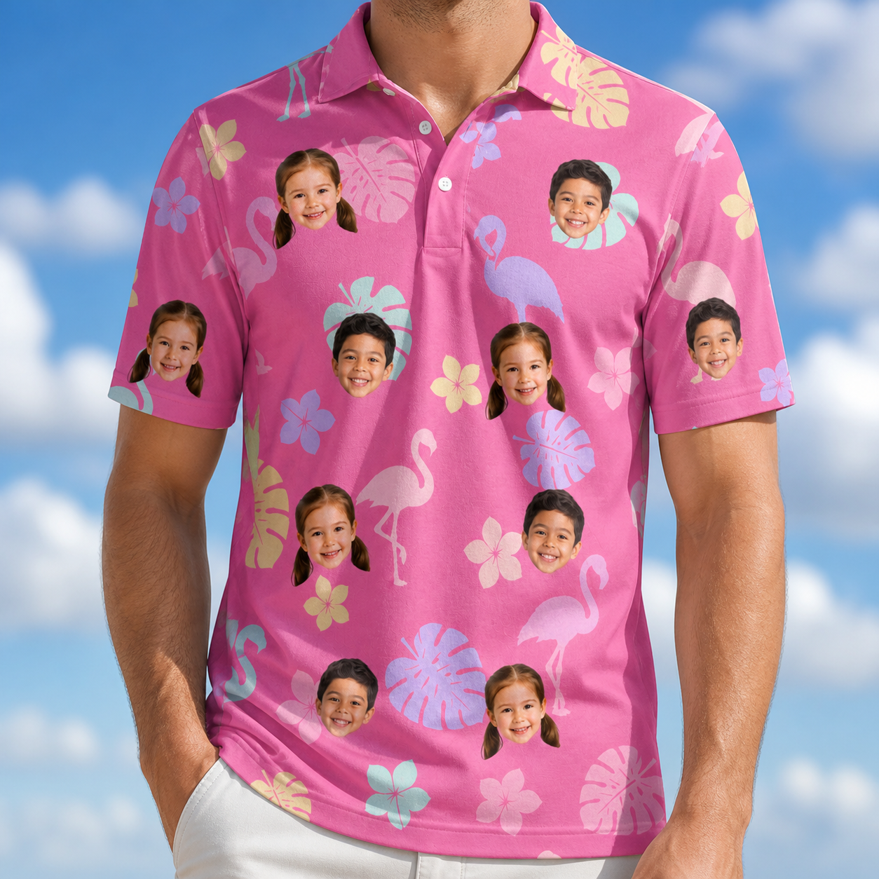 Model wearing Men's Fuchsia Flock Custom Face Polo Shirt printed with kids' faces