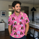 Real-life photo of someone wearing Men's Fuchsia Flock Custom Face Polo Shirt — custom faces printed all-over