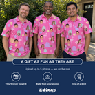 Friends in matching Men's Fuchsia Flock Custom Face Polo Shirt — a group gift photo