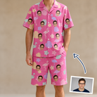 Man wearing Men's Fuchsia Flock Custom Face Shirt & Shorts Set — custom faces printed all-over